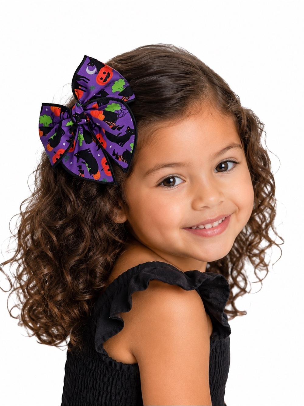 Handmade Halloween Hair Bow – Spooky Black Cat & Pumpkin Print (3.5”)